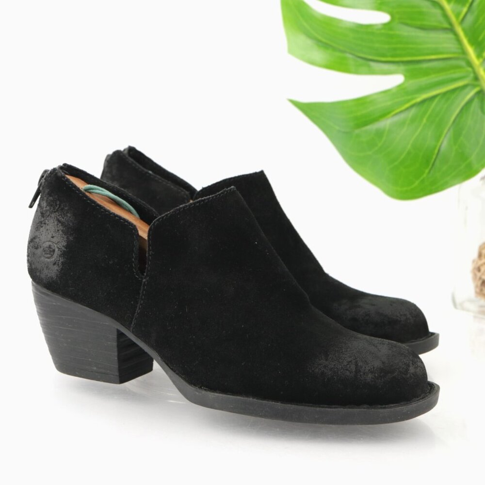 Born Womens Antonia‎ Boots Size 8 Black Suede Zip Booties Block Heel Distressed
